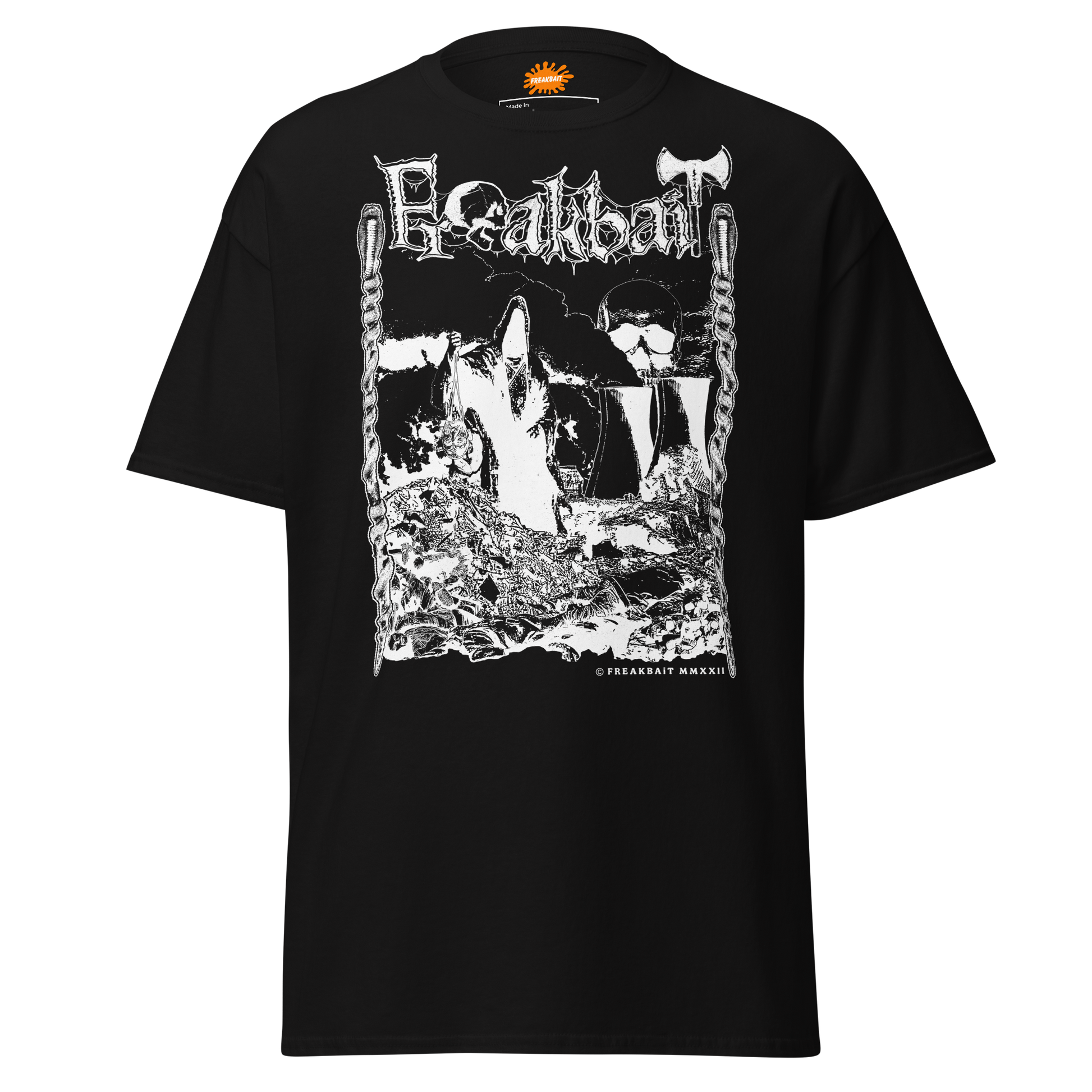 Black crew neck t-shirt with a graphic print of a skull and industrial imagery on the front.