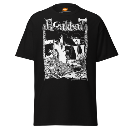 Black crew neck t-shirt with a graphic print of a skull and industrial imagery on the front.